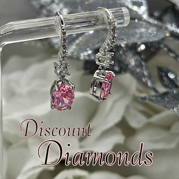 Oval Cut Pink Diamond Earrings with Clear White Baguette Diamond… - Picture 6 of 7